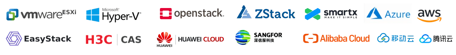 VMware ESXi, Hyper-V, OpenStack, ZStack, SmartX, Azure, AWS, EasyStack, H3C CAS, Huawei Cloud, Sangfor, Alibaba Cloud, China Mobile Cloud, Tencent Cloud